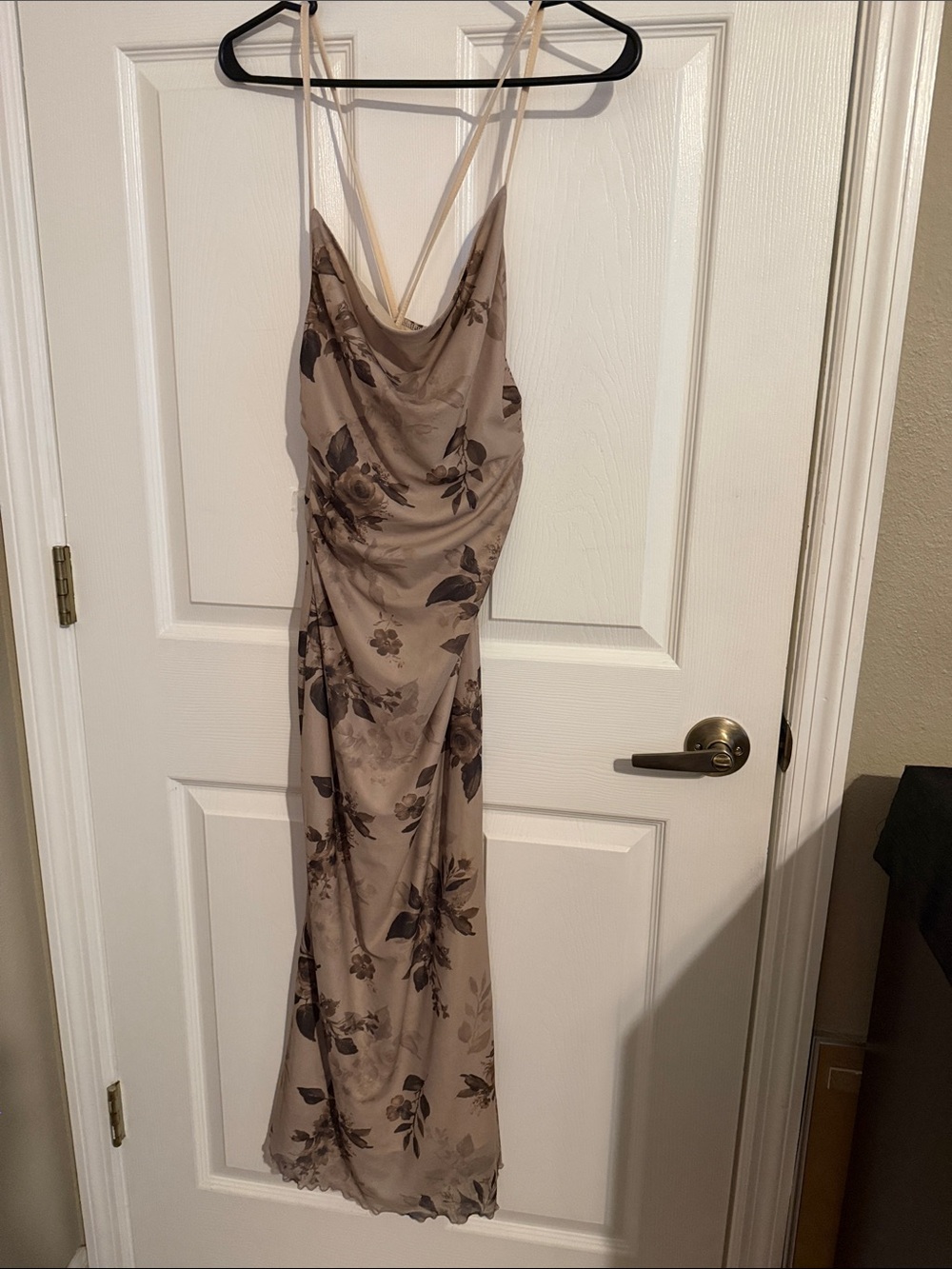 ROMWE Taupe Floral Cowl Dress